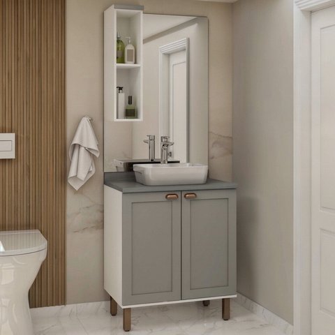 Conjunto de Banheiro Modulado 100% MDF Americano 2 Peças Iluminata Cinza/Branco/Fendi