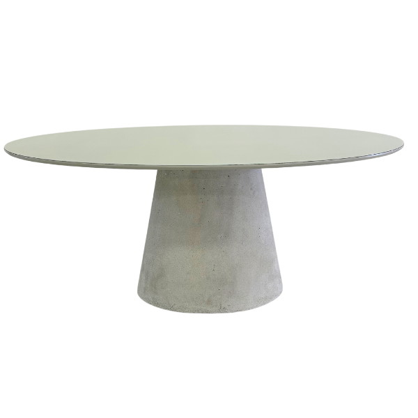 Mesa de Jantar Cone Oval 160x90 Cm Tampo Off White + Vidro Base Concreto