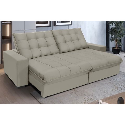 Sofá Retrátil e Reclinável 2,70 Molas Ensacadas Pillow Top Veludo Califórnia Bege | Camurça