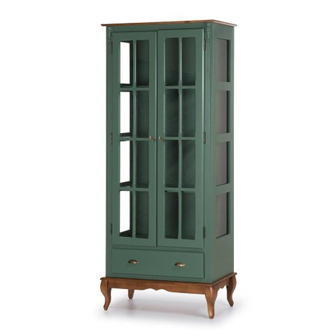 Cristaleira Lateral de Vidro com 2 Portas, 1 Gaveta e 3 Prateleiras Cor Laca Verde Musgo