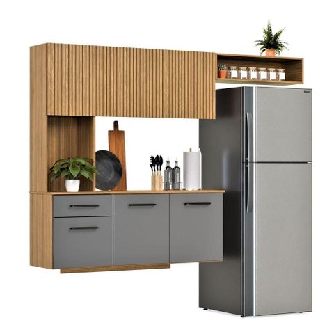 Armário de Cozinha Completo Joana com 6 Portas e 1 Gaveta para Cozinha Compacta Ripado Grafite