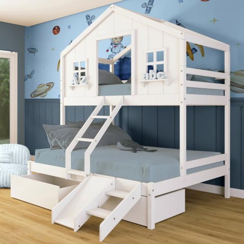 Beliche Casal/ Solteiro Casinha Dos Sonhos com 02 Gavetas Kit Escada/ Escorregador Madeira Maciça