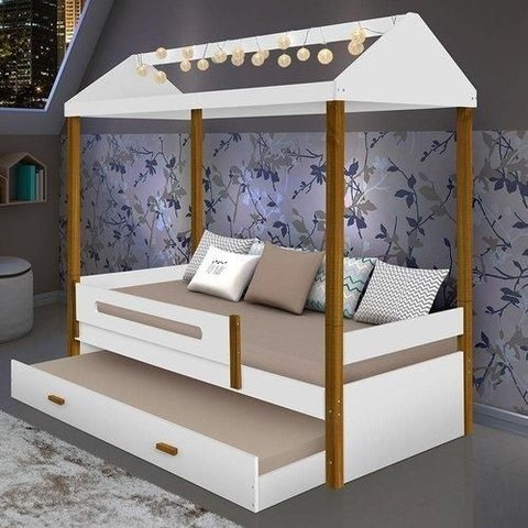 Cama Casa Sara Branca com Cama Auxiliar com 2 Colchões e Led