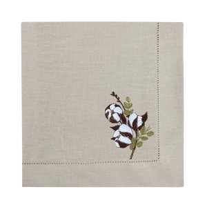Guardanapo Linho Bege Ponto Ajour Bordado Flor de Algodão - 50 x 50 cm