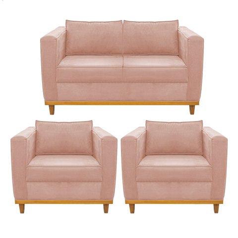 Kit Sofá 2 Lugares e 2 Poltronas Europa Suede Rosê Doce Sonho Móveis
