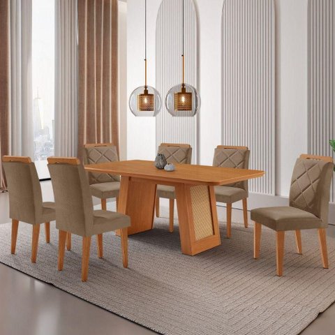 Mesa de Jantar Carolina com 6 Cadeiras Moderna Mobilia Veludo Capuccino/naturalle Laminado