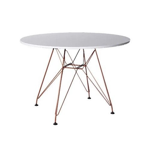 Mesa Eiffel Redonda 90cm Tampo de Madeira Branco com Base de Ferro Cobre