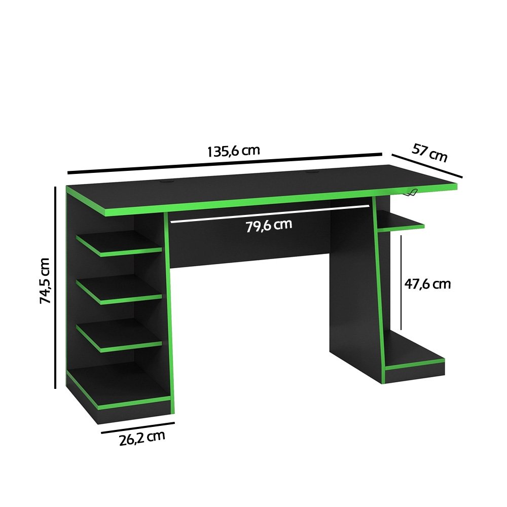 Mesa Computador Gamer Preta/Verde 6 Prateleiras NT2020 Notável 75x136x57 - 6