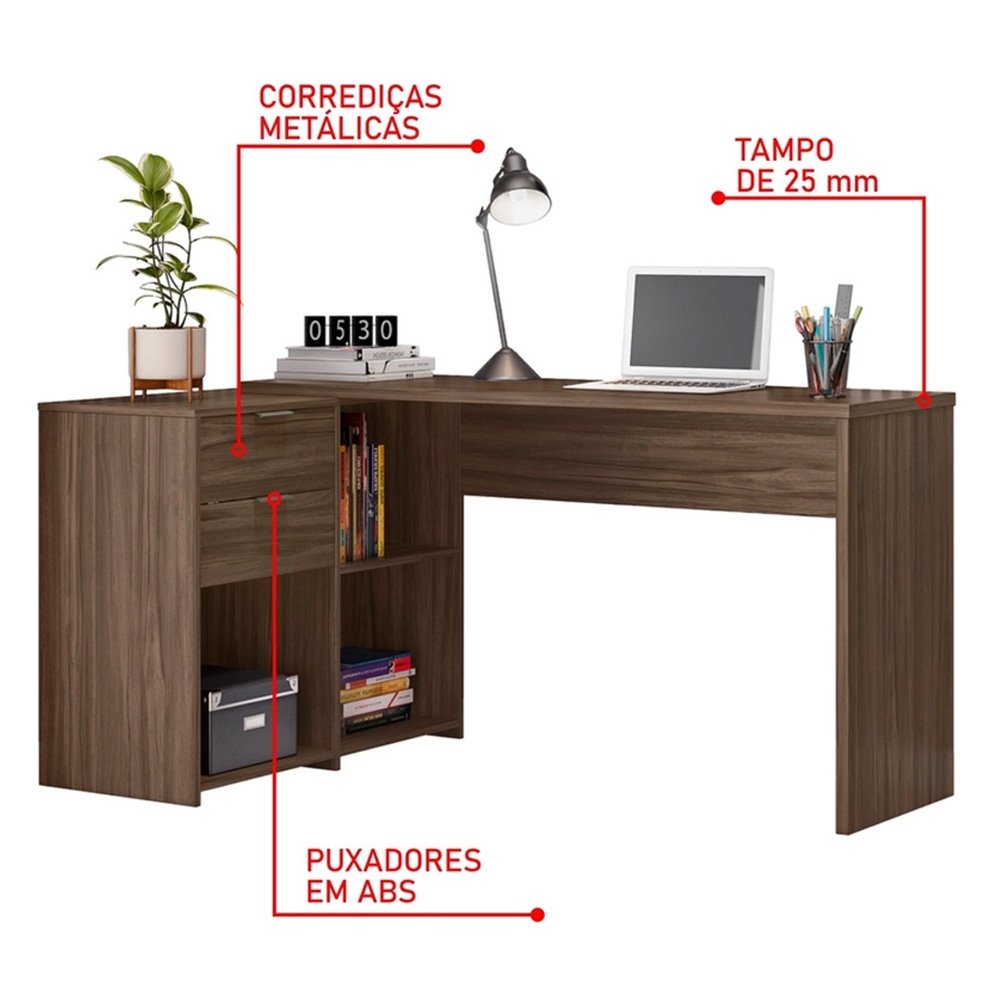 Escrivaninha Mesa Computador Reta ou em L 2 Gavetas Top NT2060 Notável Nogal 75x200x45 - 6