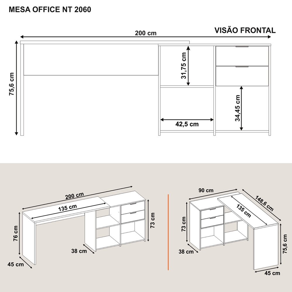 Escrivaninha Mesa Computador Reta ou em L 2 Gavetas Top NT2060 Notável Nogal 75x200x45 - 7