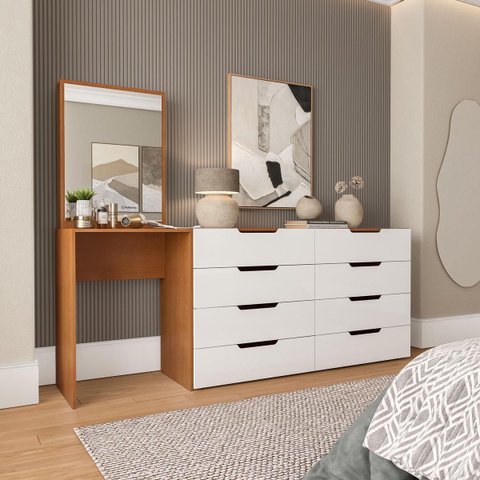 Cômoda Penteadeira Madri 8 Gavetas Espelho 209x160cm Branco/Freijó 250804