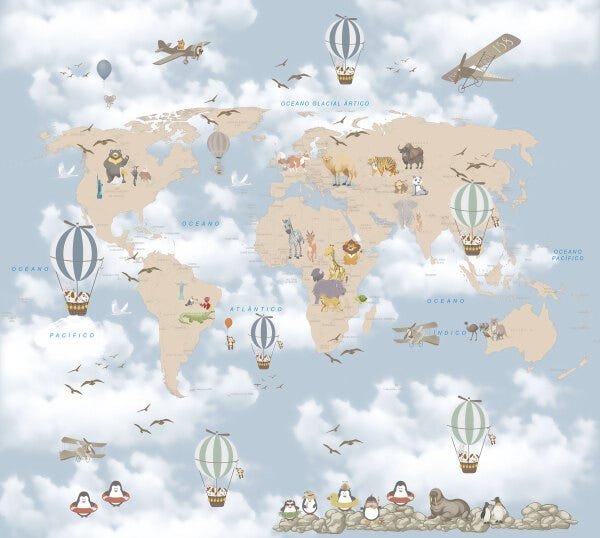 Papel De Parede Adesivo, Infantil Mapa Mundi Bichinhos Balão 1X1