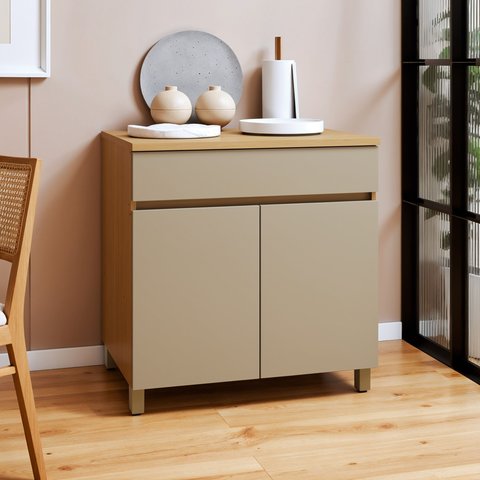 Balcão 2 Portas 1 Gaveta 80cm 100% MDF Realeza Premium Bege/Carvalho/Greige