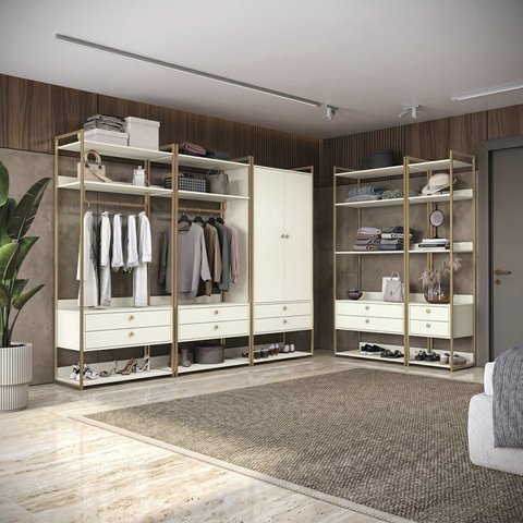 Kit Dormitório 2 Portas 10 Gavetas e Cabideiros Industrial Branco/Off White/Dourado