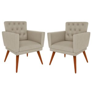 Kit 2 Poltronas Decorativa Pés Palito Nina Encosto Estilo Capitonê Bege - Ds Estofados