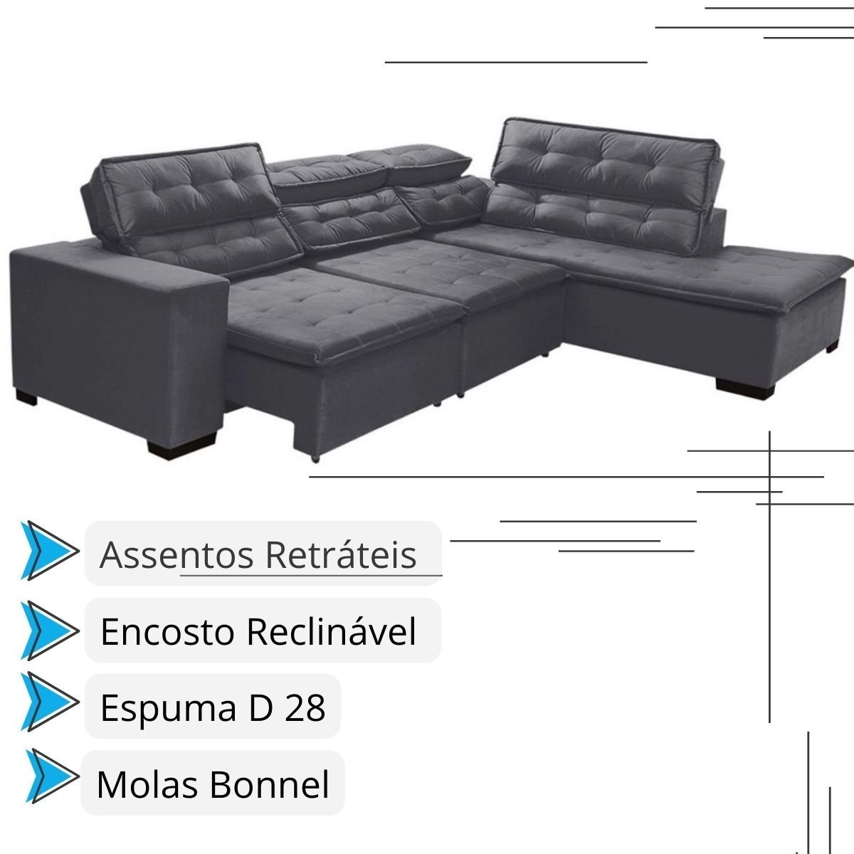 Sofá 5 Lugares Chaise Retrátil e Reclinável de Canto Sttilo 2,80m Cinza - Megasul - 4