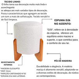 Kit 02 Puff Piave Decorativo Tecido Linho Banqueta Redondo Pés de Madeira Maciça - 5