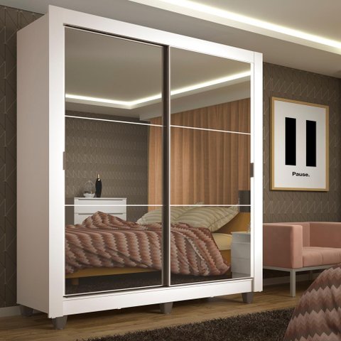 Guarda-roupa Solteiro Madesa Denver 2 Portas de Correr de Espelho com Pés - Branco