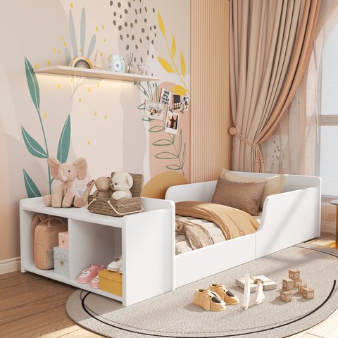 Cama Infantil Montessori com Nichos  Cama Branca Baixa para Criança