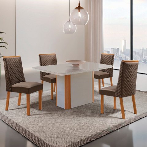 Mesa de Jantar Isadora 120cm Tampo MDF Vidro Canto Copo com 4 Cadeiras Yasmin