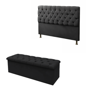 Conjunto Cabeceira Casal Recamier Com Baú Capitonê Preto  - Fabrica De Tudo