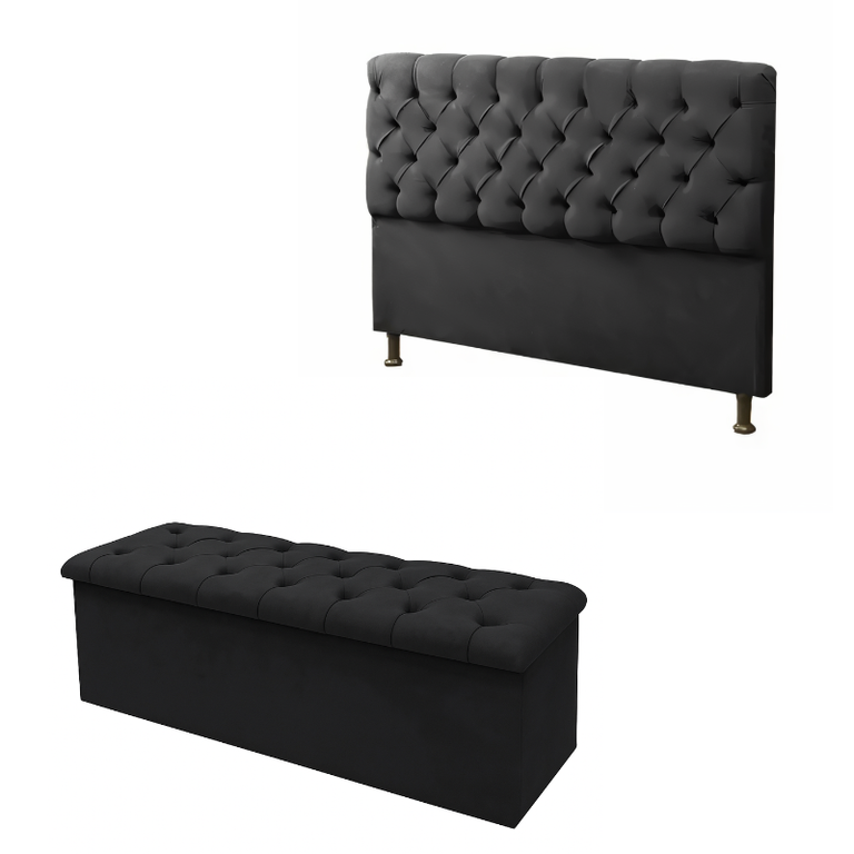 Conjunto Cabeceira Casal Recamier Com Baú Capitonê Preto - Fabrica De Tudo Conjunto Cabeceira Casal Recamier Com Baú Capitonê Preto - Fabrica De Tudo