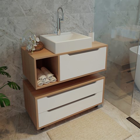 Kit Banheiro Gabinete Suspenso, Cuba e Gaveteiro Amêndoa Branco Tecno Mobili