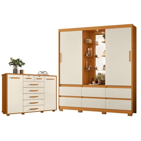 Guarda Roupa Solteiro Atena 02 Portas de Correr com Espelho e Cômoda Fontana Cinamomo Off White - Mó