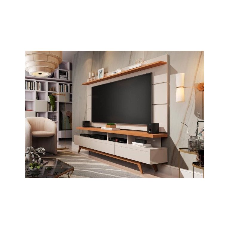 Rack com Painel Vivare Wood 180cm Off White com Nature - Giga Móveis