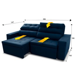 Sofá Retrátil/Reclinável Arizona 2,30m Suede Velut Azul Marinho Marinho - King House - 2