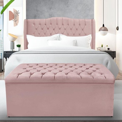 Kit Cabeceira e Calçadeira Baú Dubai Casal 140 Cm - Veludo Rose
