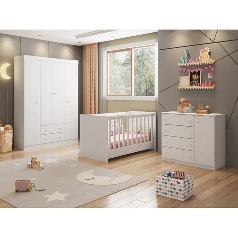 Quarto Infantil Completo Helena com Guarda Roupa Comoda e Berço Mini Cama Branco - Phoenix Baby