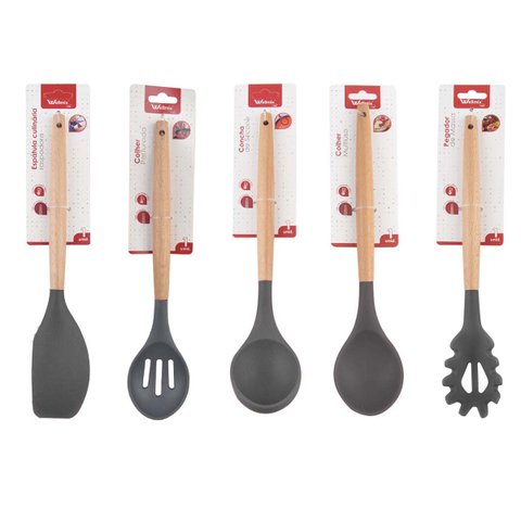 Kit 5 Utensílios De Silicone Cabo Madeira Colher Raspador Concha Espátula Massas WK