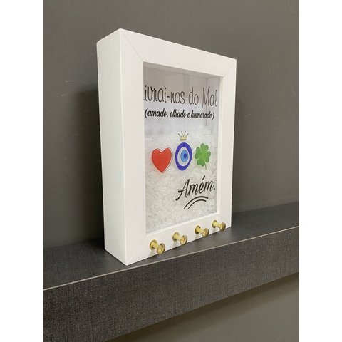 Quadro Porta-chaves Sal Grosso Livra-me do Mal 15x20cm Cozinha Sala