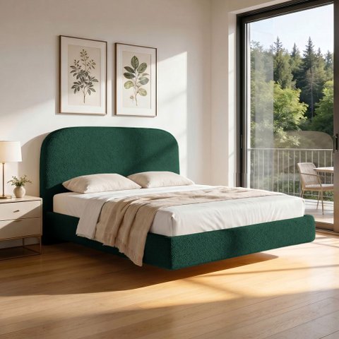 Cama Queen Flutuante com Cabeceira 160cm Aura W01 Bouclê Verde - Lyam Decor