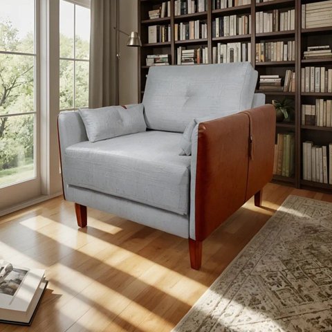 Poltrona Linho Premium com Couro Base Madeira Maciça Inova