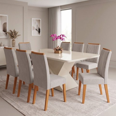 Conjunto Sala de Jantar 8 Lugares Retangular Tampo de Madeira com Vidro Zafira Bege/Marfim Yescasa