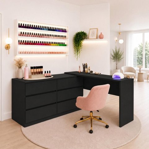 Mesa Profissional para Manicure em L com 6 Gavetas Elegance Multimóveis MP6067 Preto