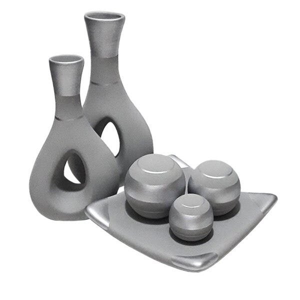 Jogo de Vasos Par Furados e Centro de Mesa 3 esferas Cerâmica - Cinza Silver