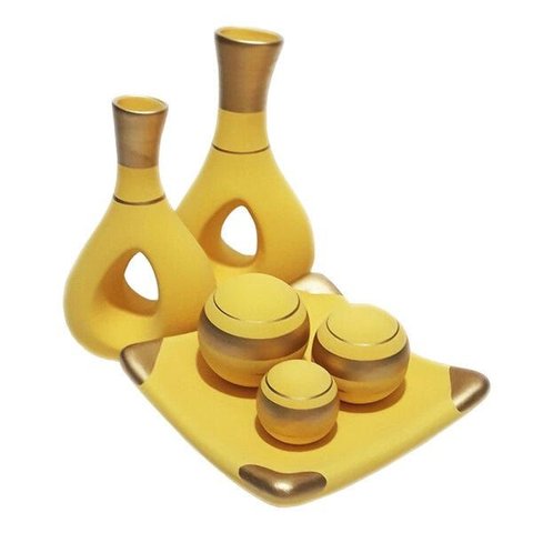 Jogo de Vasos Par Furados e Centro de Mesa 3 Esferas Cerâmica - Canário Gold