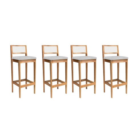 Kit 4 Banquetas Madeira Mel com Linho Prata para Bandada com Encosto Palha Rattan