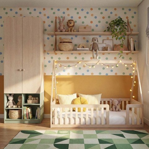 Quarto Montessori Cama Telhado Giulia e Guarda-Roupa Curió Casatema MadeiraOriginals Natural/Verde