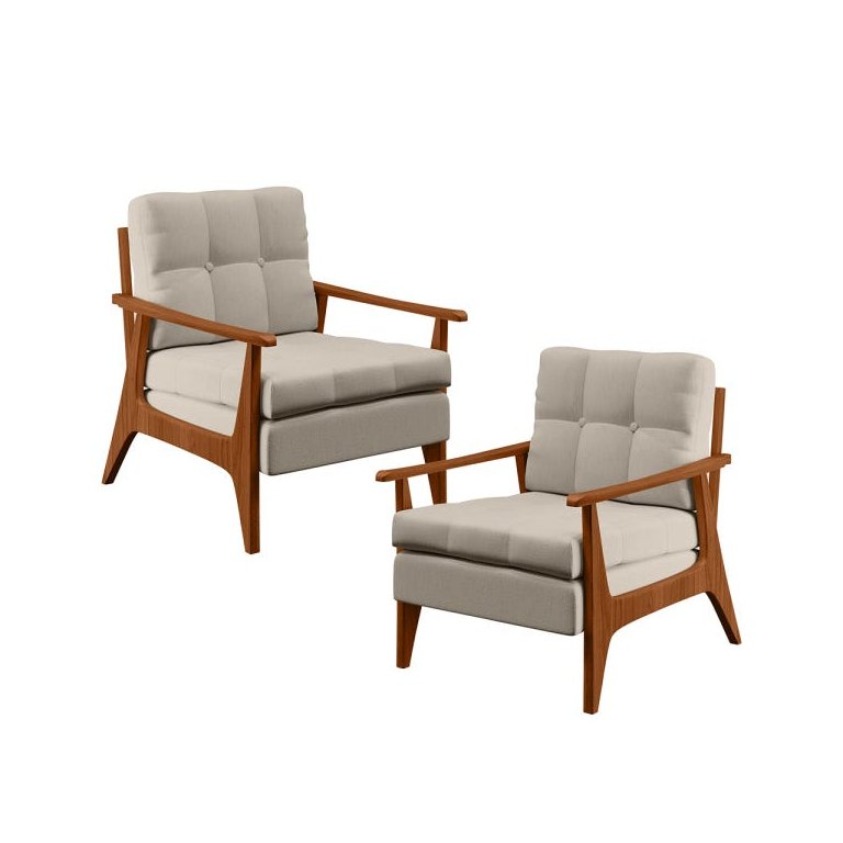 Kit 2 Poltronas Decorativas para Sala de Estar Encosto Ripado Emília B04 Linho Cru - Lyam Decor