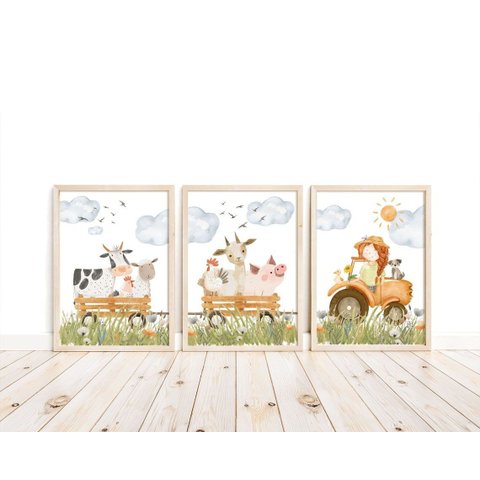 Kit 3 Quadros Animais Fazendinha Trator Quarto Menina Infantil