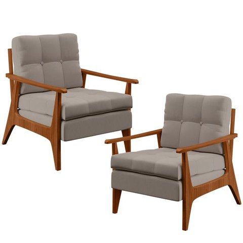 Kit 2 Poltronas Decorativas para Sala de Estar Encosto Ripado Emília B04 Linho Bege - Lyam Decor
