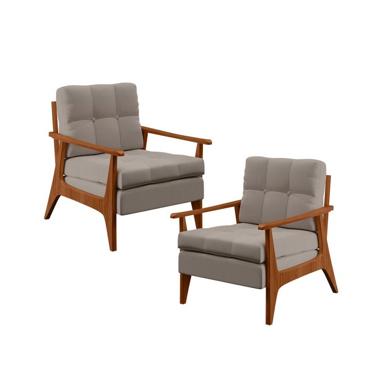 Kit 2 Poltronas Decorativas para Sala de Estar Encosto Ripado Emília B04 Linho Bege - Lyam Decor