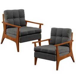 Kit 2 Poltronas Decorativas Sala Estar Encosto Ripado Emília B04 Linho Cinza Escuro - Lyam Decor - 1