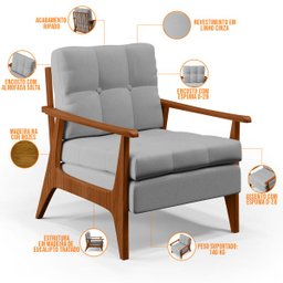 Poltrona Decorativa para Sala de Estar Encosto Ripado Emília B04 Linho Cinza - Lyam Decor - 7