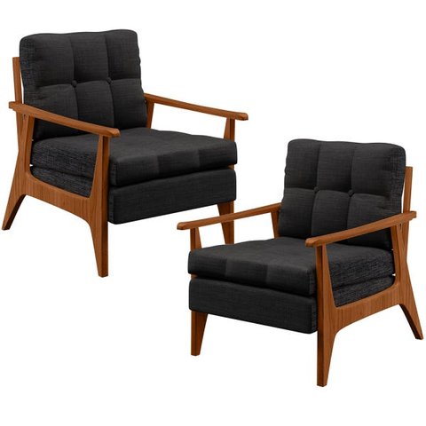 Kit 2 Poltronas Decorativas para Sala de Estar Encosto Ripado Emília B04 Linho Chumbo - Lyam
