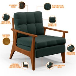 Kit 2 Poltronas Decorativas para Sala de Estar Encosto Ripado Emília B04 Linho Verde Musgo - Lyam - 8
